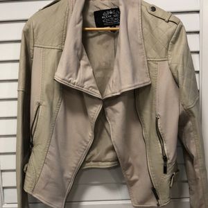 Blanc Noir Beige/Tan Leather Motorcycle Jacket. M.